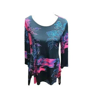Clara Sun Woo Blouse Women S Vibrant Black Pink Floral Pullover Stretch Tunic